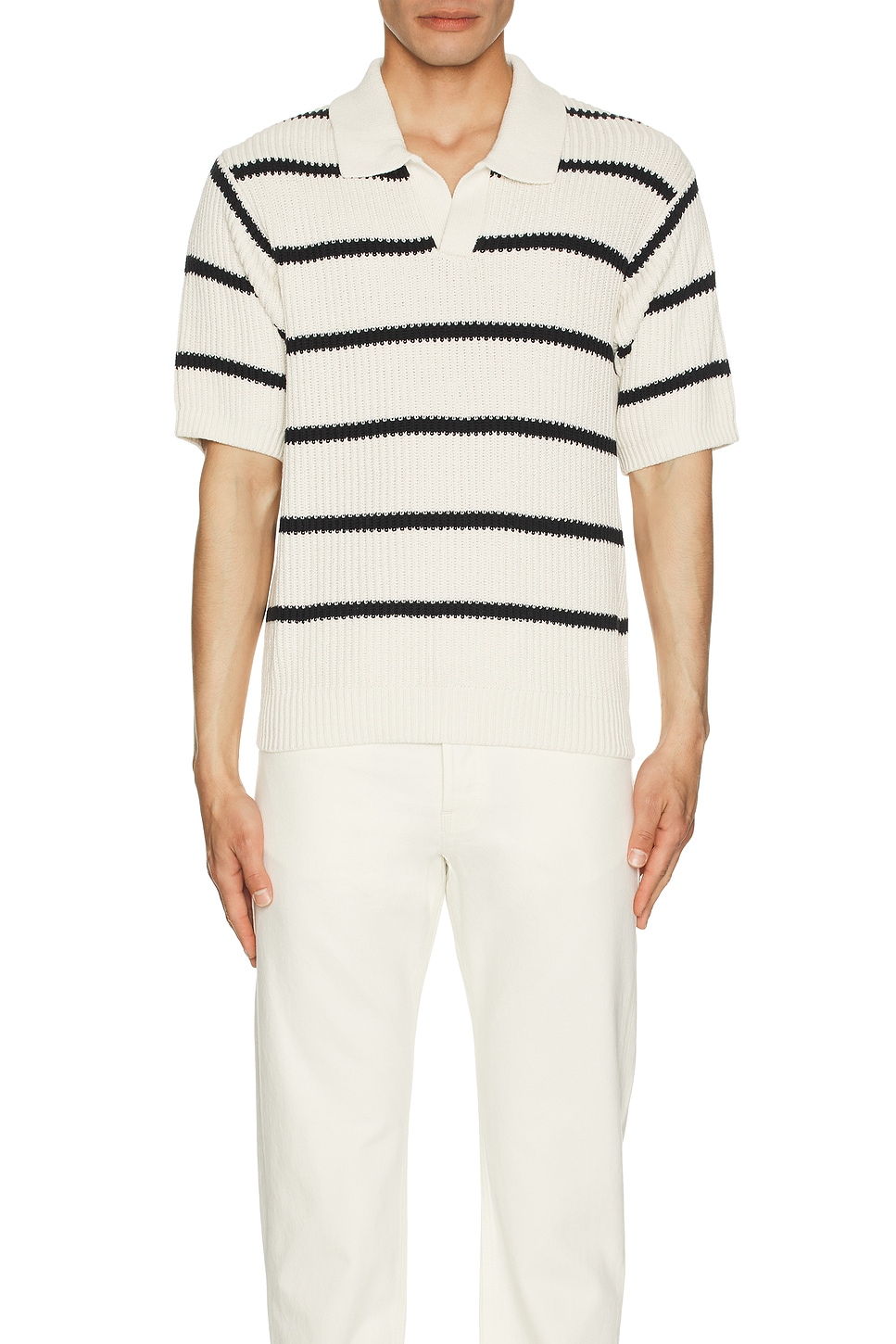 Image 1 of FRAME Striped Polo Sweater in Black Stripe
