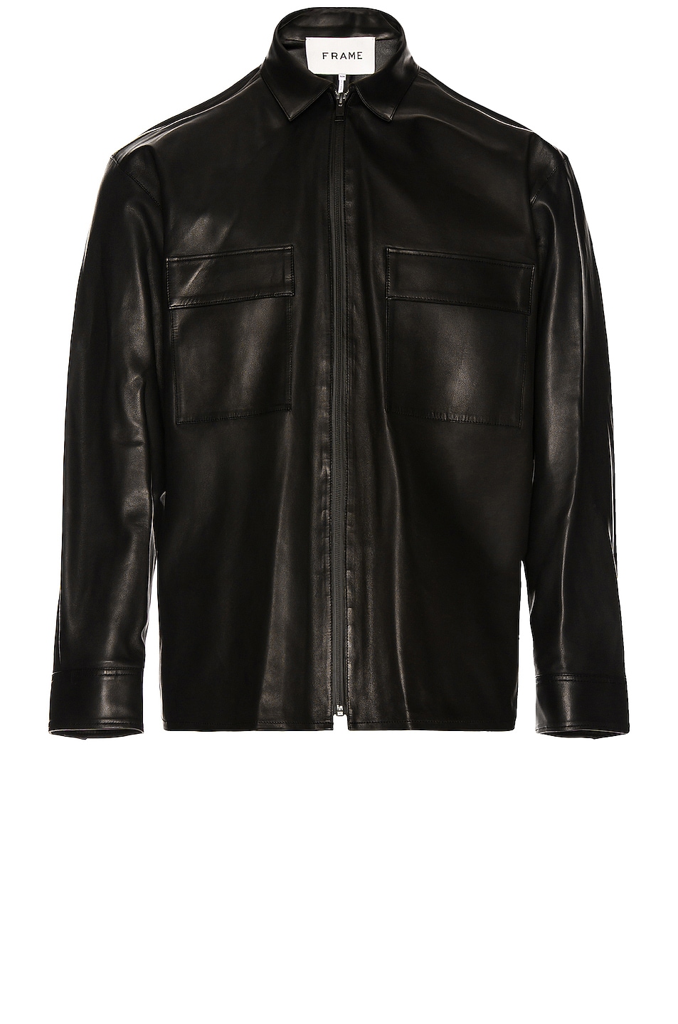 Image 1 of FRAME Bonded Leather Zip Up Shirt in Noir