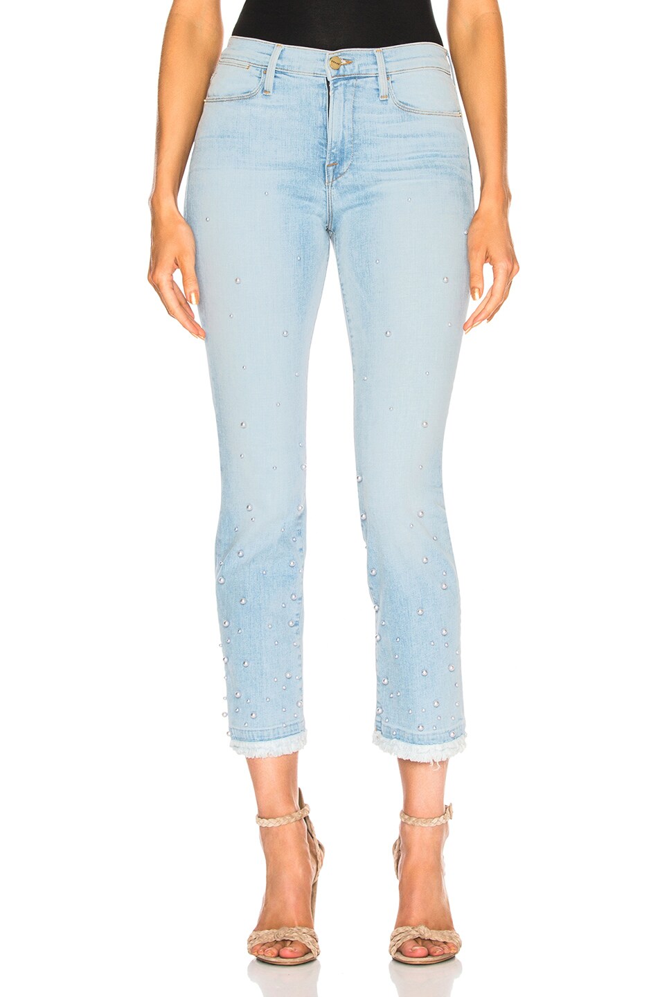 Image 1 of FRAME Le High Straight Double Frayed Hem Pearl Jean in Talcott