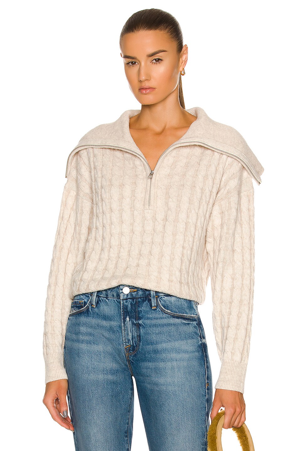 Image 1 of FRAME Half Zip Cable Sweater in Off White Multi