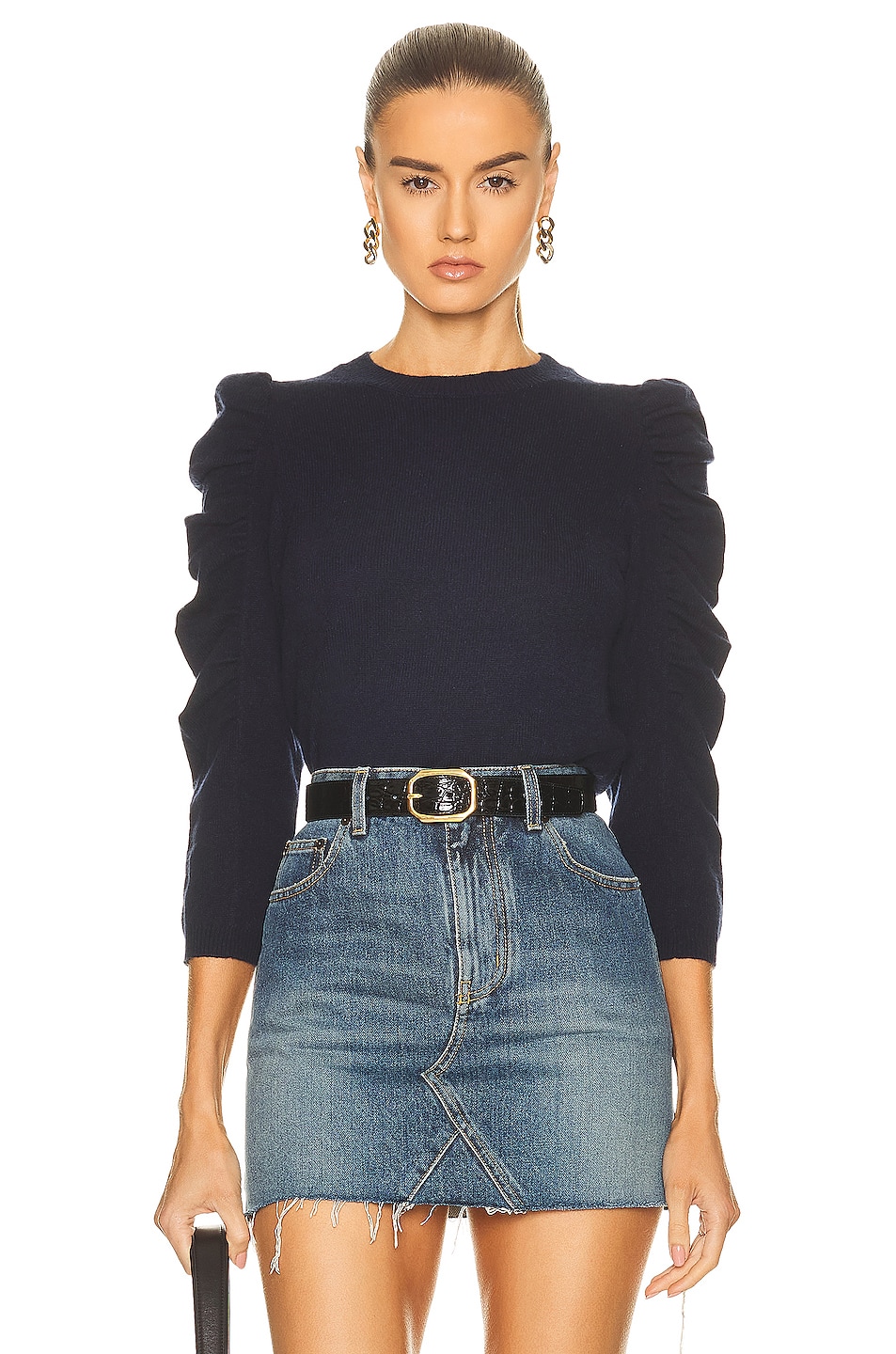 Image 1 of FRAME Shirred Sleeve Cashmere Sweater in Navy
