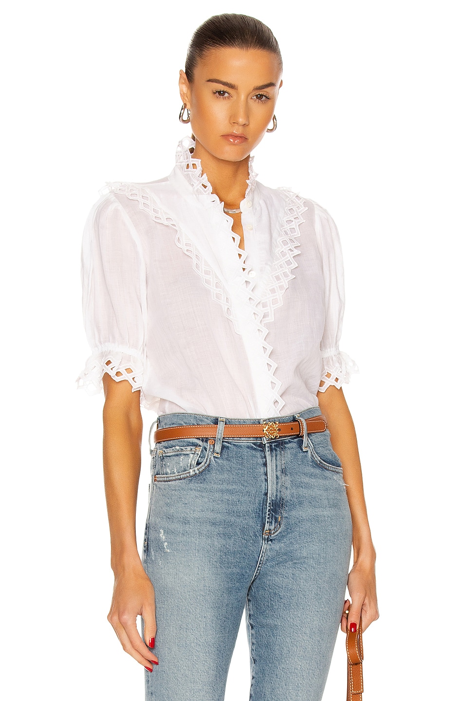 Image 1 of FRAME Embroidered High Neck Short Sleeve Top in Blanc