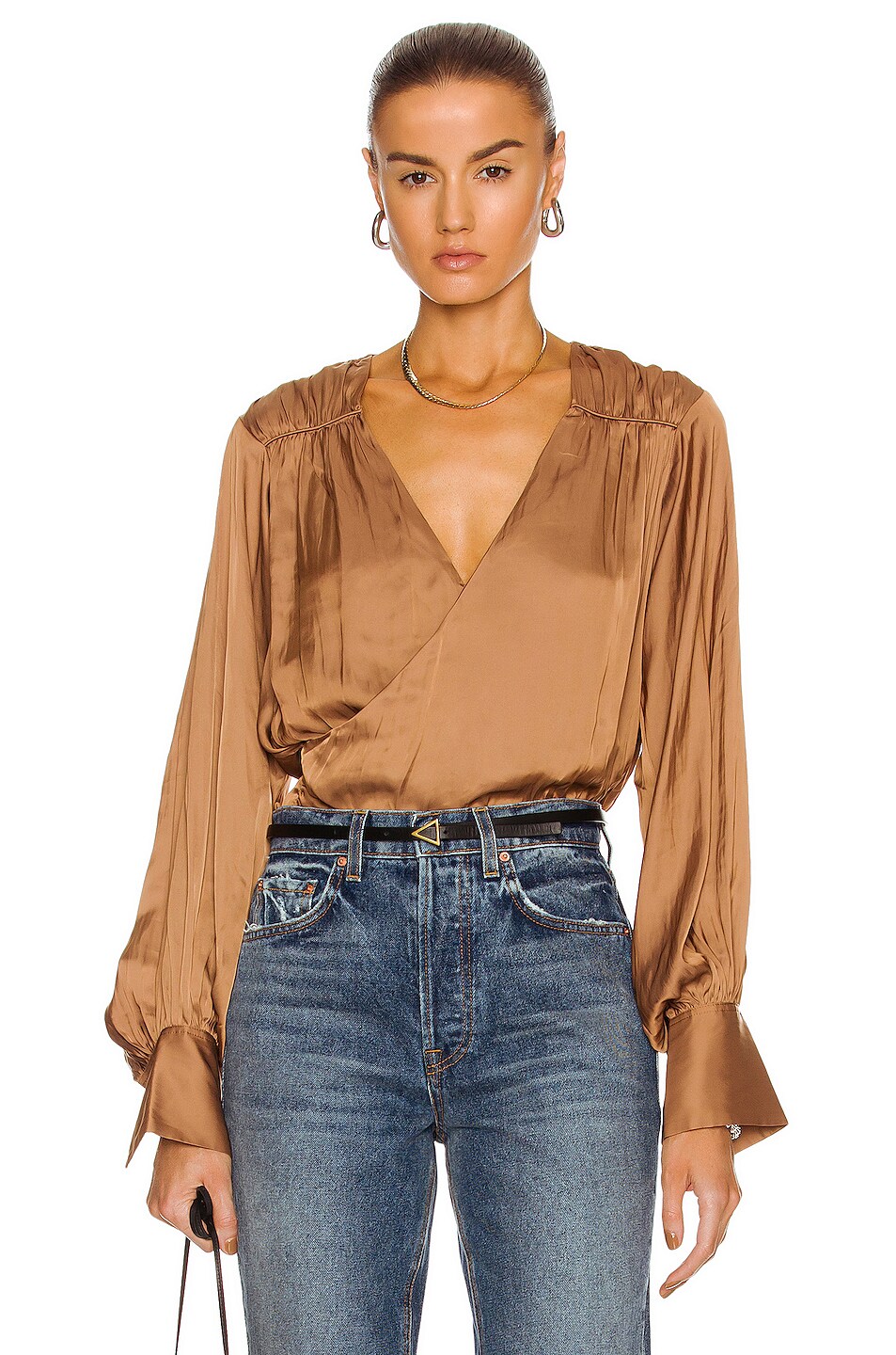 FRAME Long Sleeve Crossover Top in Bronze | FWRD