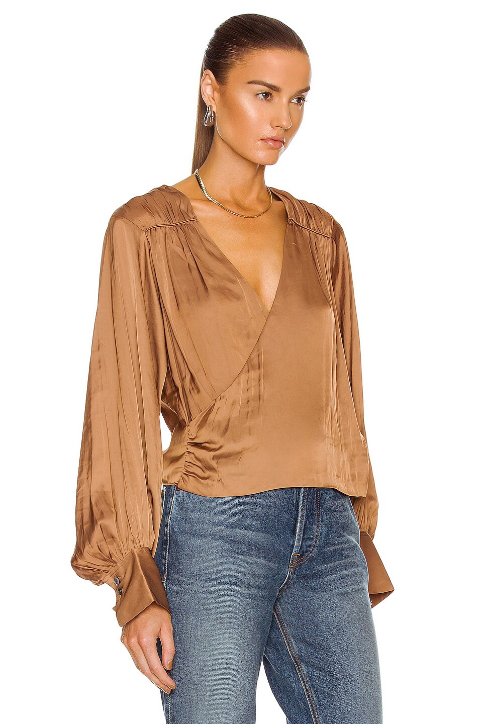 FRAME Long Sleeve Crossover Top in Bronze | FWRD