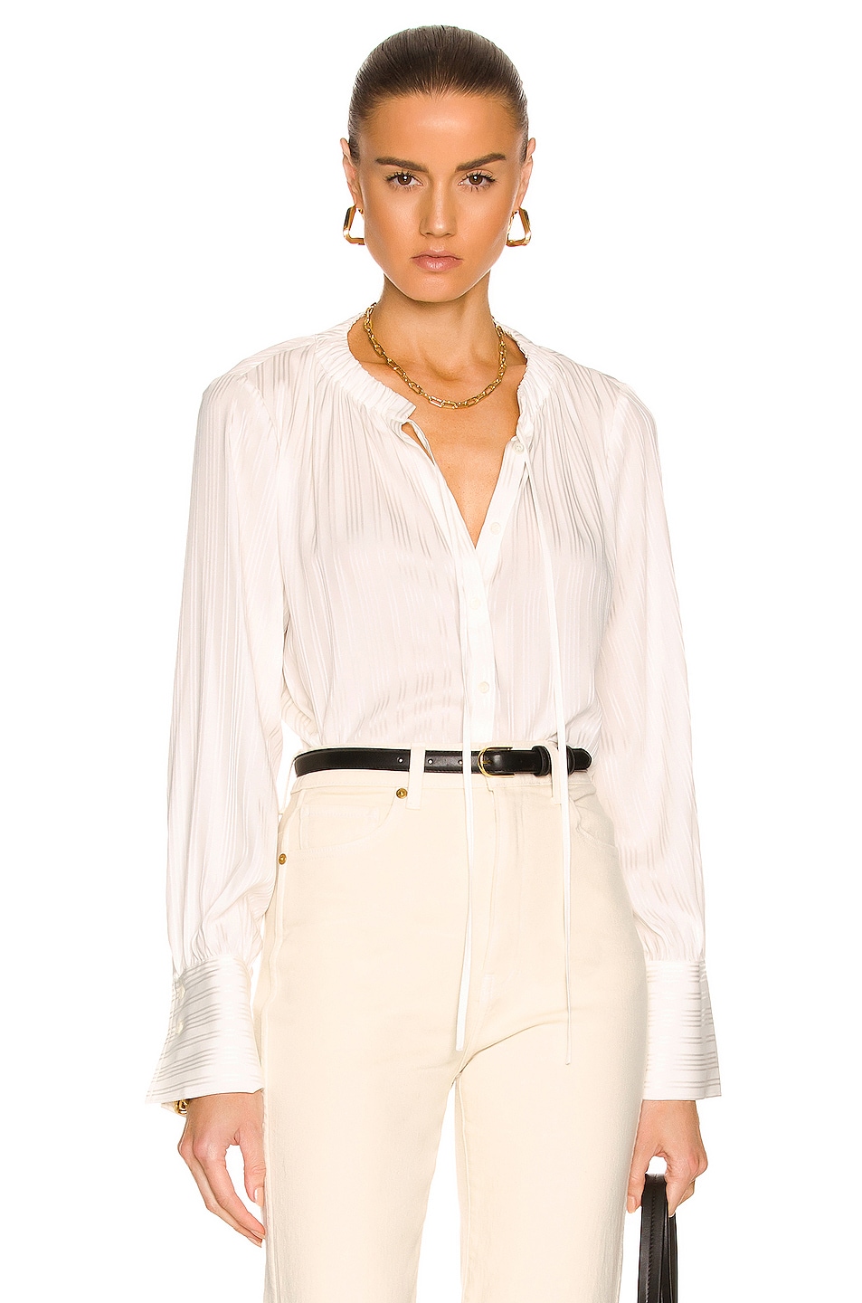 FRAME Shirred Neck Tie Blouse in Off White | FWRD