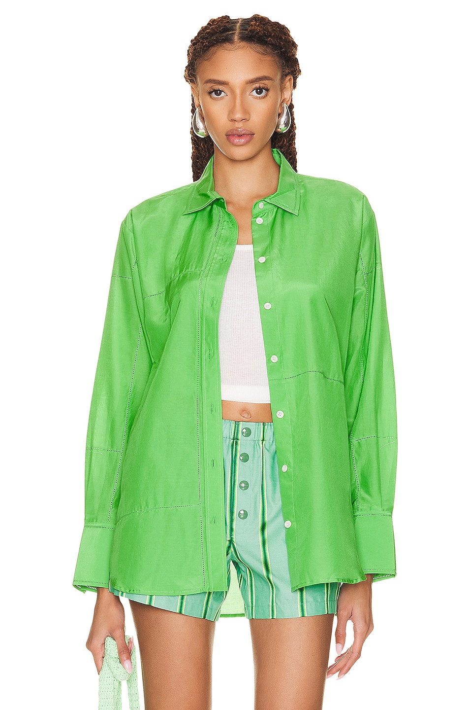Image 1 of FRAME the Oversized Linear Lace Shirt in Bright Peridot