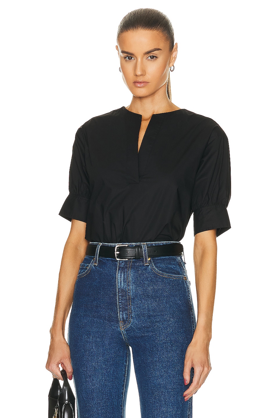 FRAME V Neck Popover Top in Noir | FWRD