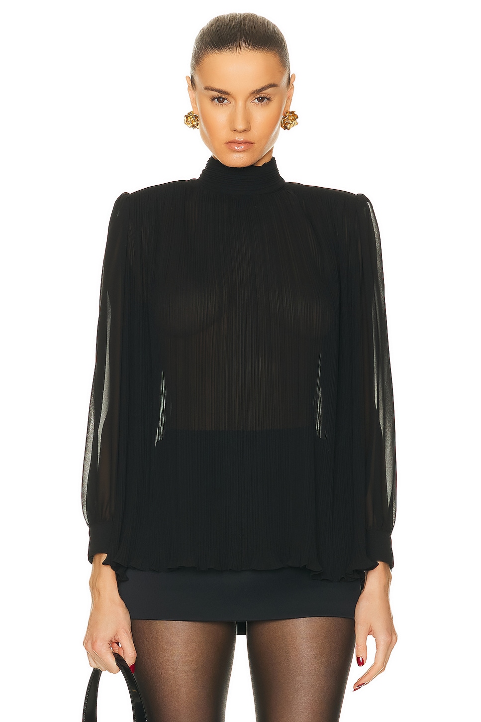 Image 1 of FRAME Strong Shoulder Pleated Blouse in Black