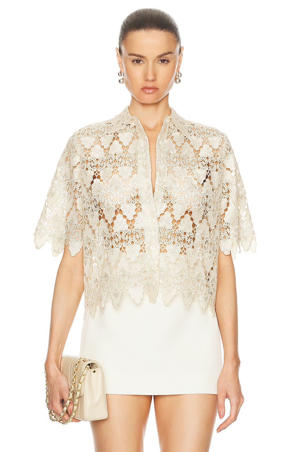 Image 1 of FRAME Lace Button Up Shirt in Ecru