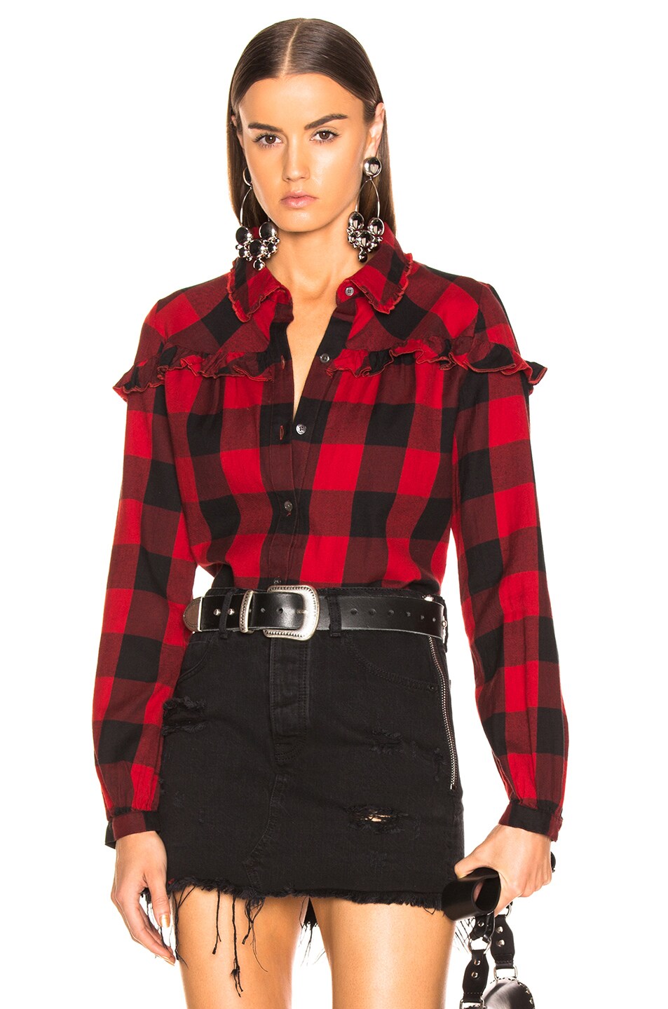 Image 1 of FRAME Ruffle Check Top in Hunter Red Multi