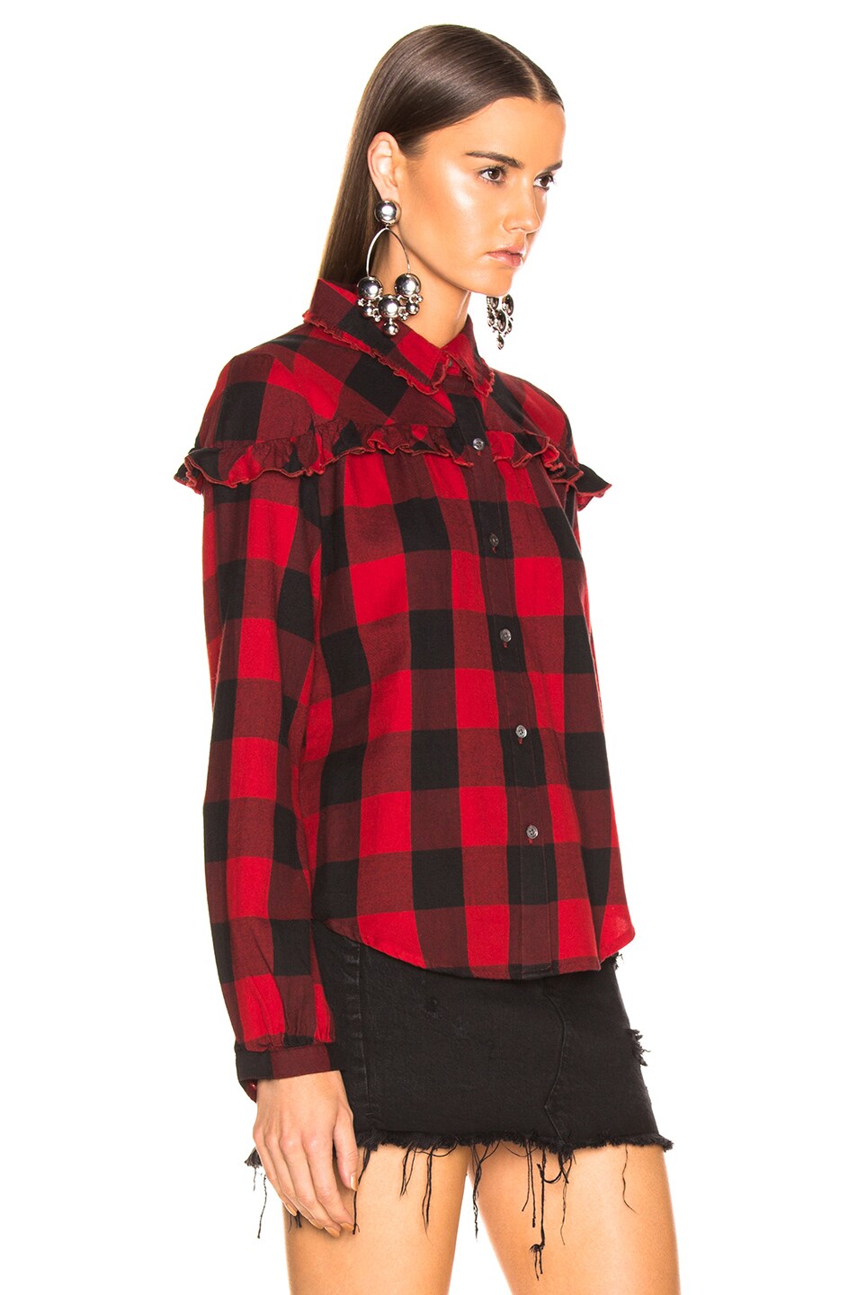 FRAME Ruffle Check Top in Hunter Red Multi | FWRD