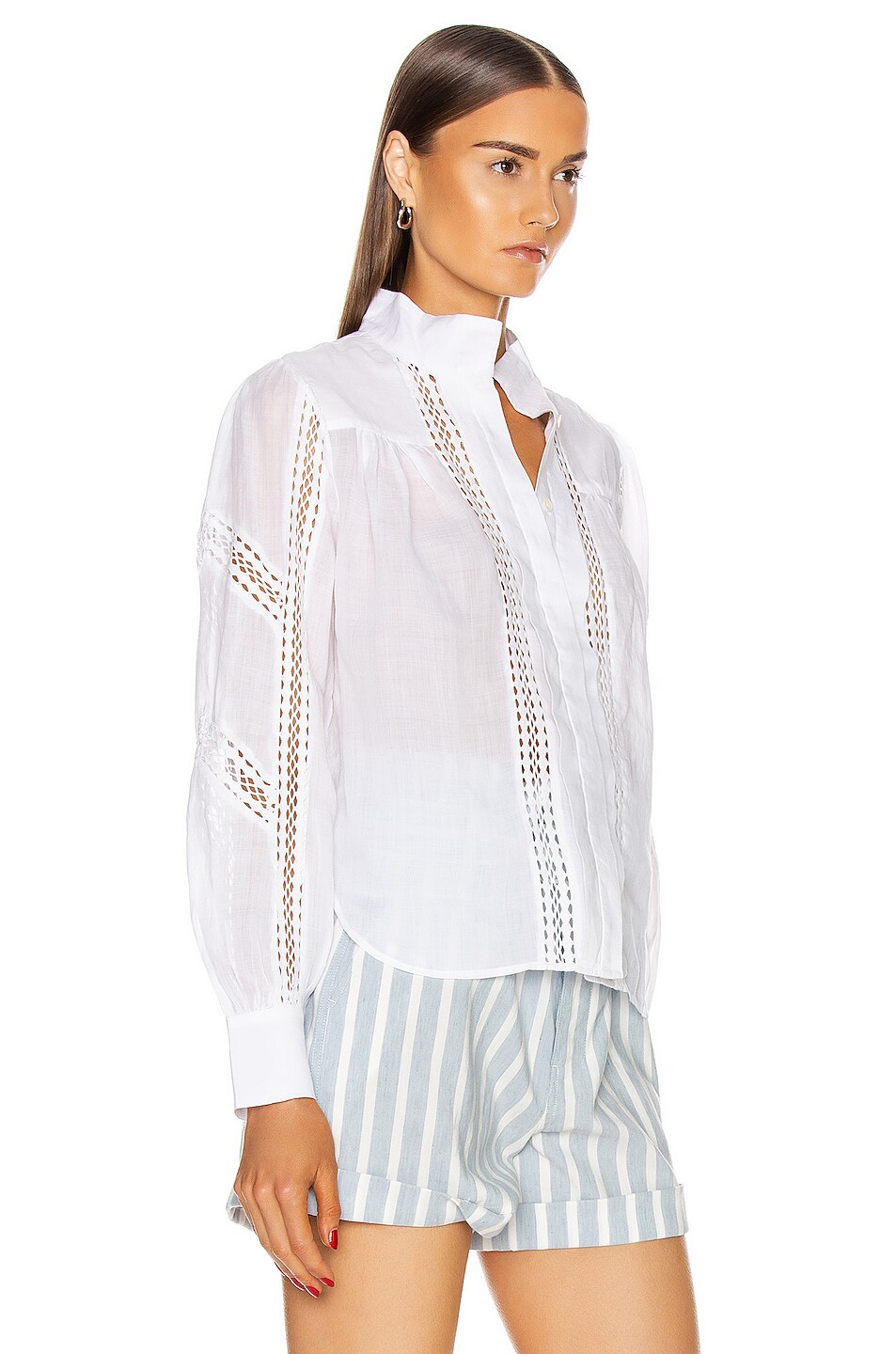 FRAME Panel Lace Button Up Top in Blanc | FWRD