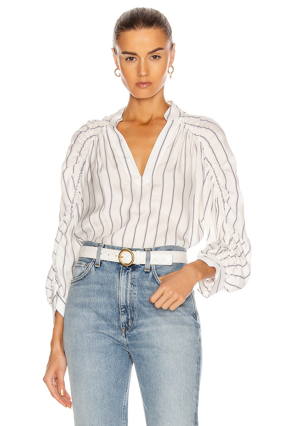 Image 1 of FRAME Ruched Cali Popover Top in Blanc Multi