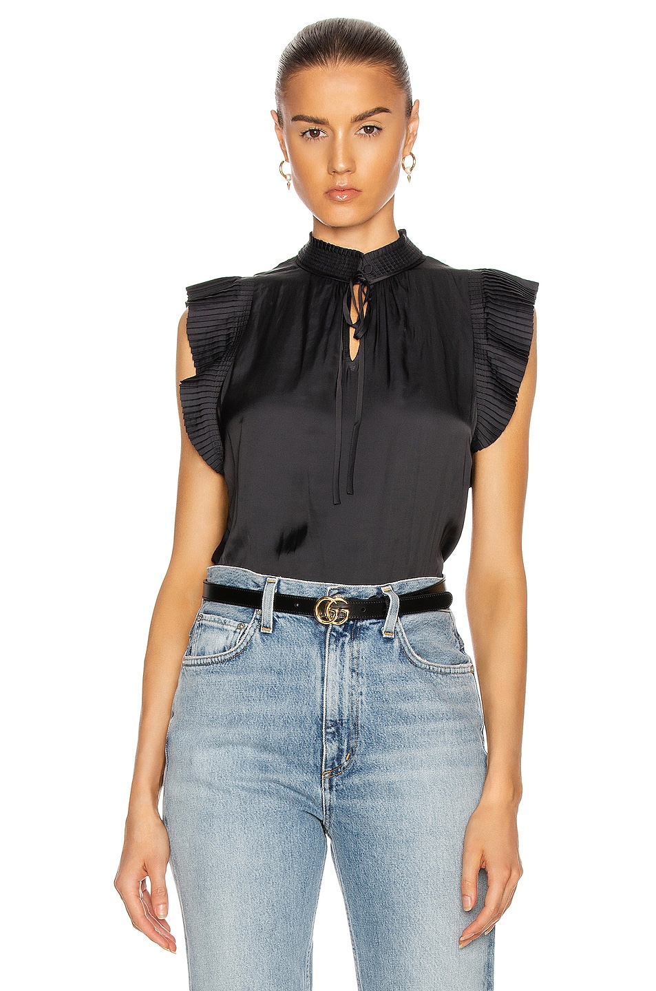 Image 1 of FRAME Pleated Sleeveless Keyhole Top in Noir