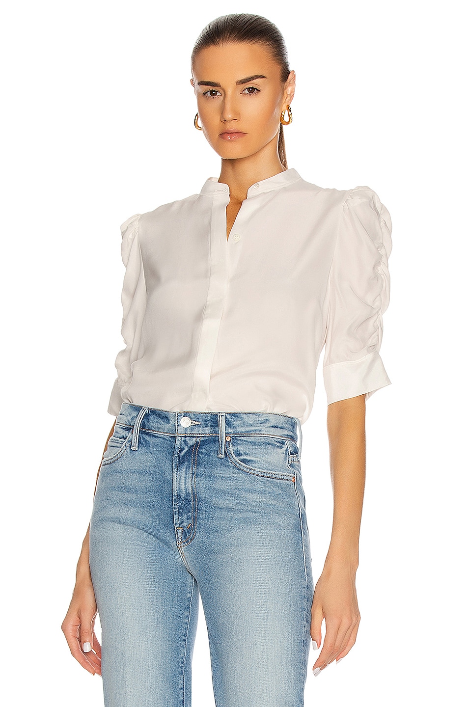 Image 1 of FRAME Shirred Sleeve Button Up Top in Blanc