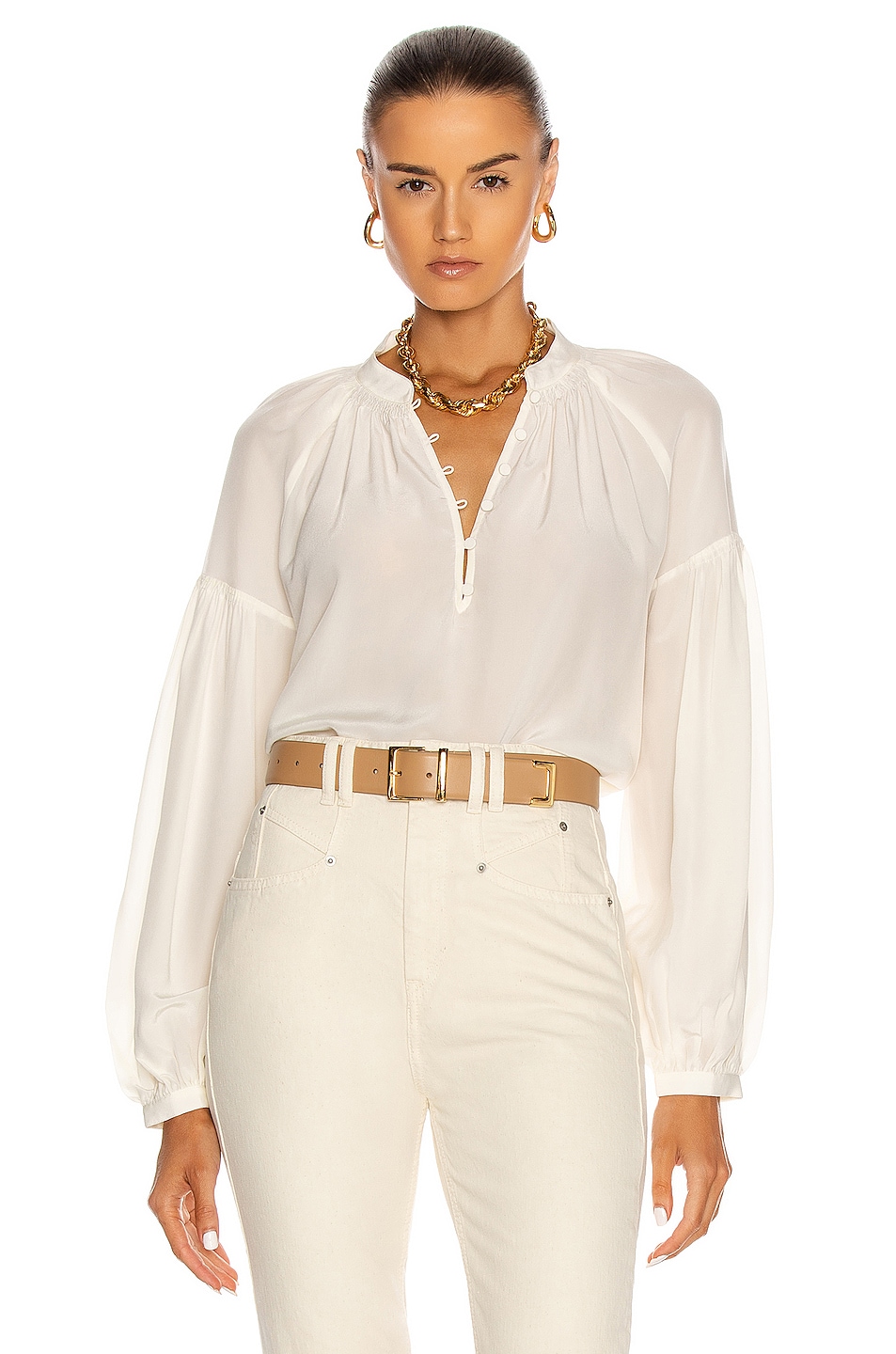 Image 1 of FRAME Billow Long Sleeve Top in Off White