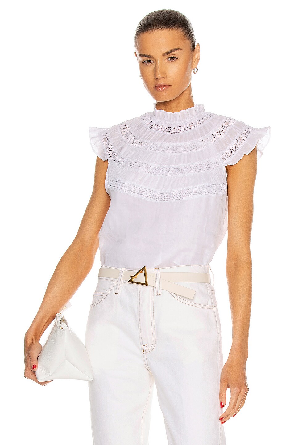 Image 1 of FRAME Lace Inset Short Sleeve Top in Blanc