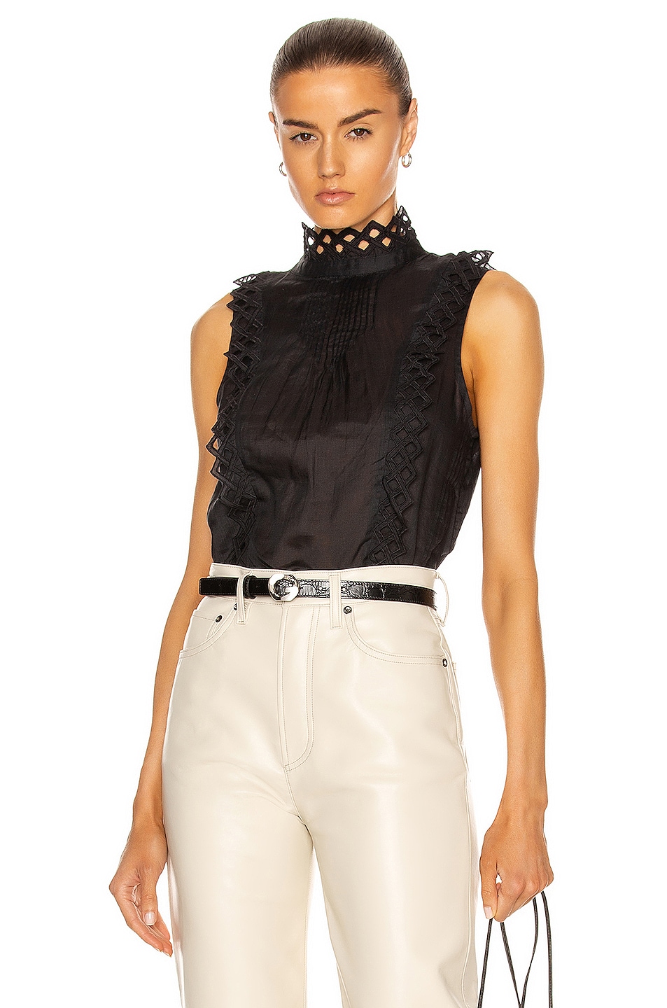Image 1 of FRAME Embroidered High Neck Sleeveless Top in Noir