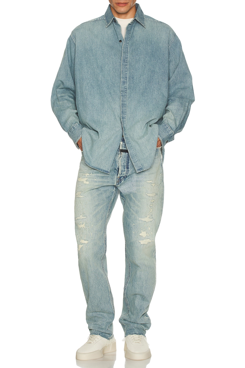 Image 1 of Fear of God 5 Pocket Straight Leg Jeans in Repaired Medium Indigo