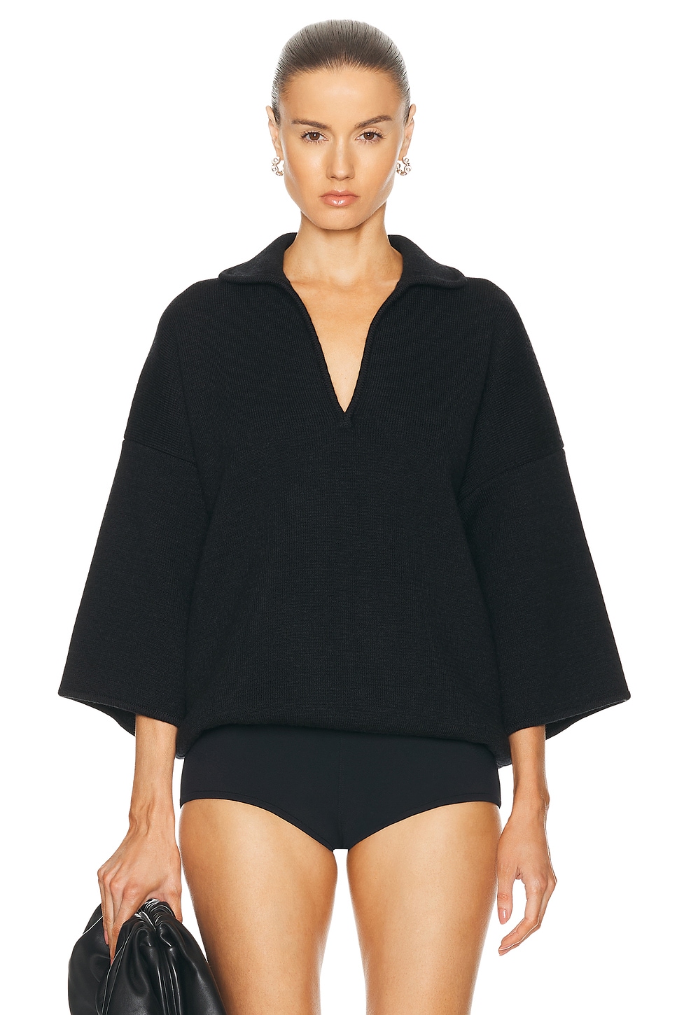 Wool Cashmere Blend Polo Sweater in Black