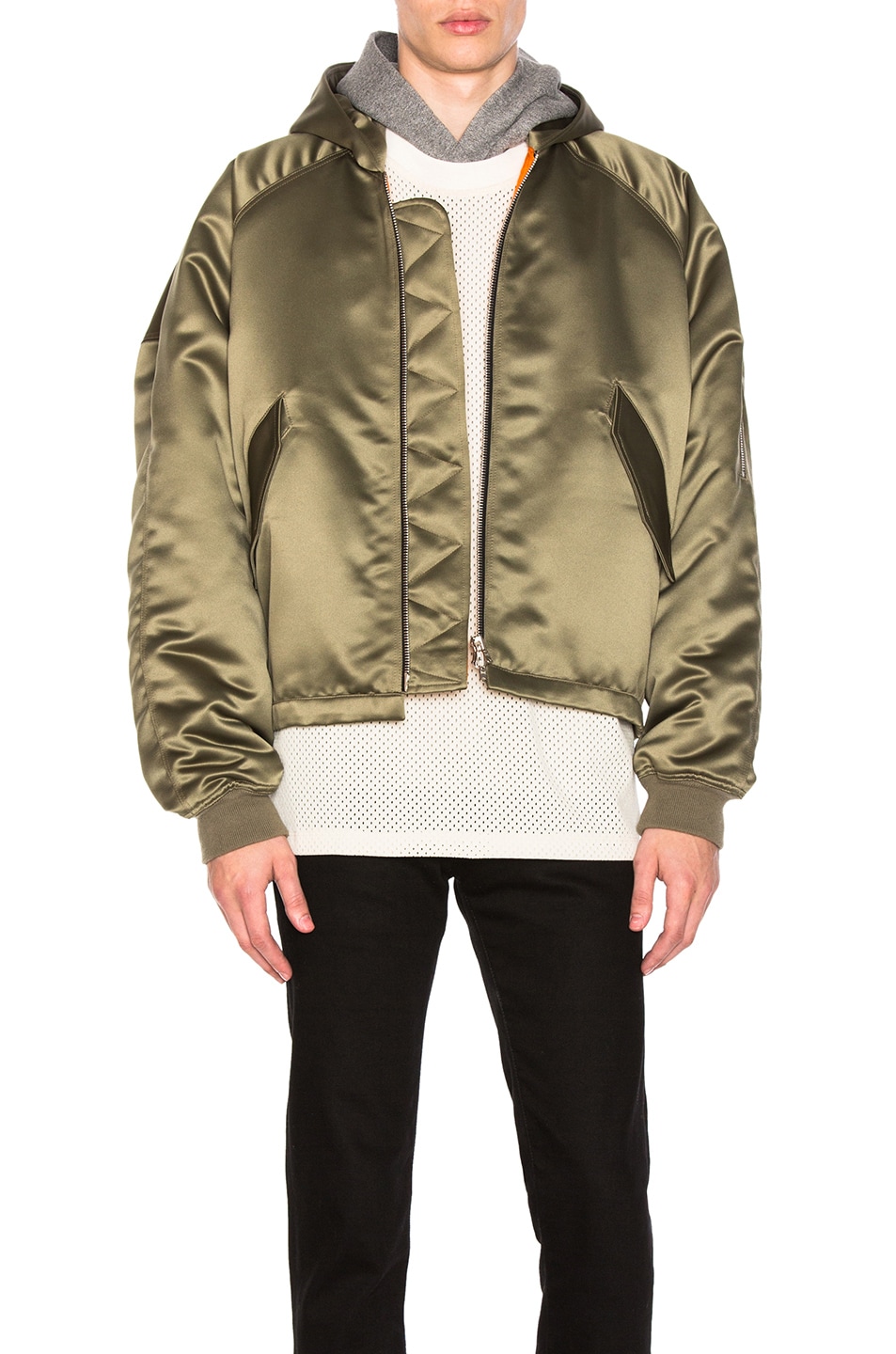 Image 1 of Fear of God Satin Hooded Bomber in Sage
