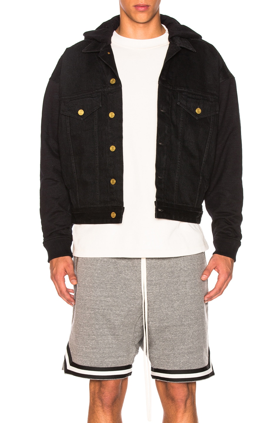 Image 1 of Fear of God Hooded Trucker Jacket with French Terry Sleeves in Black