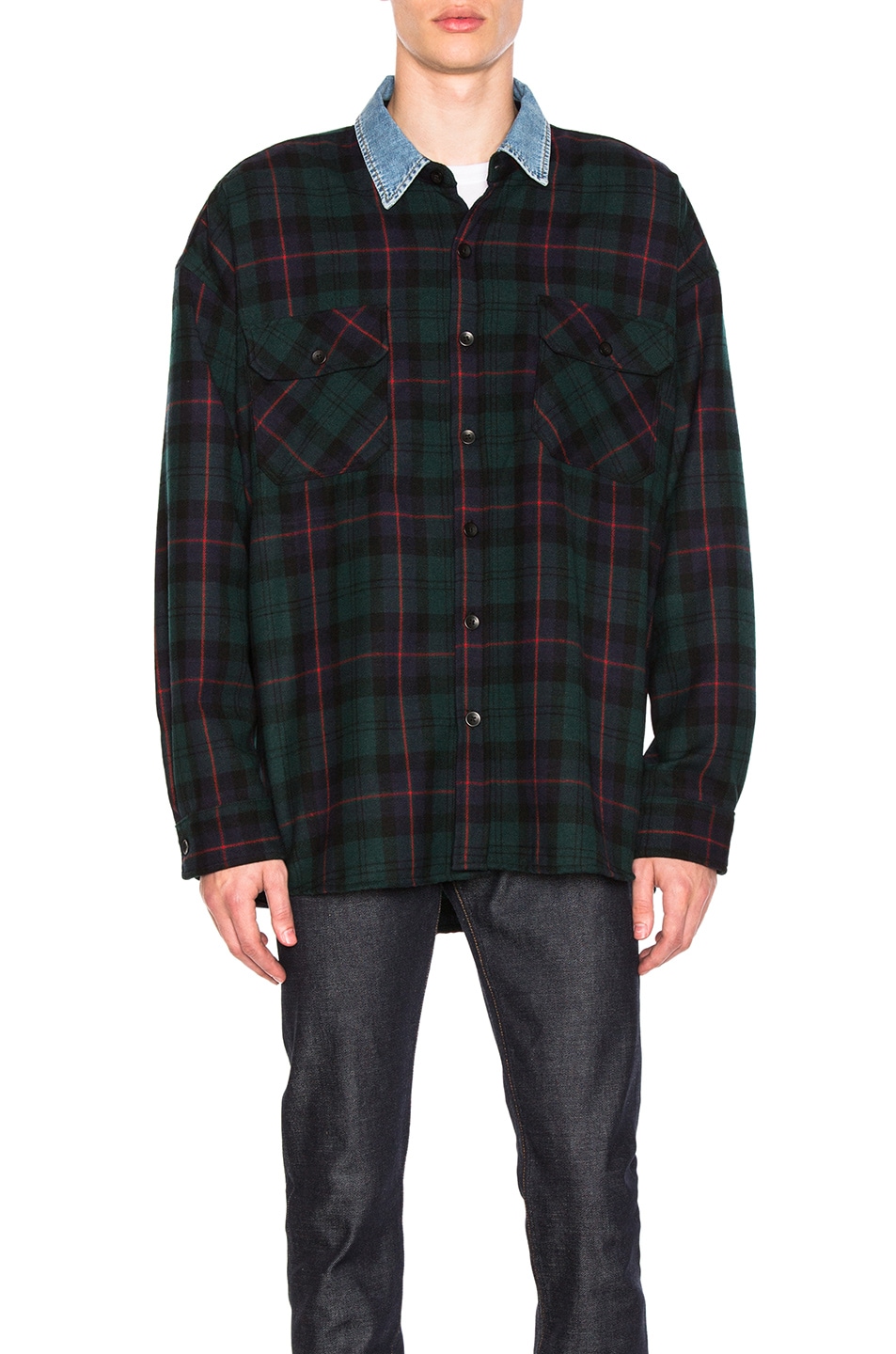 Image 1 of Fear of God Denim Collared Oversized Flannel in Green Plaid