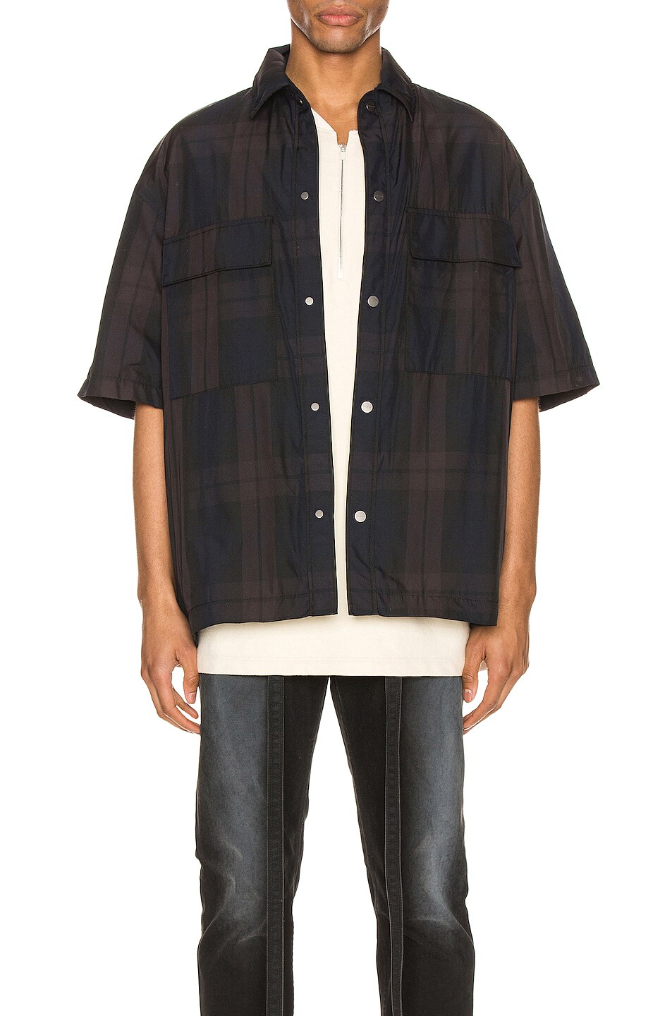 Image 1 of Fear of God Oversized Nylon Shirt in Navy & Brown Plaid