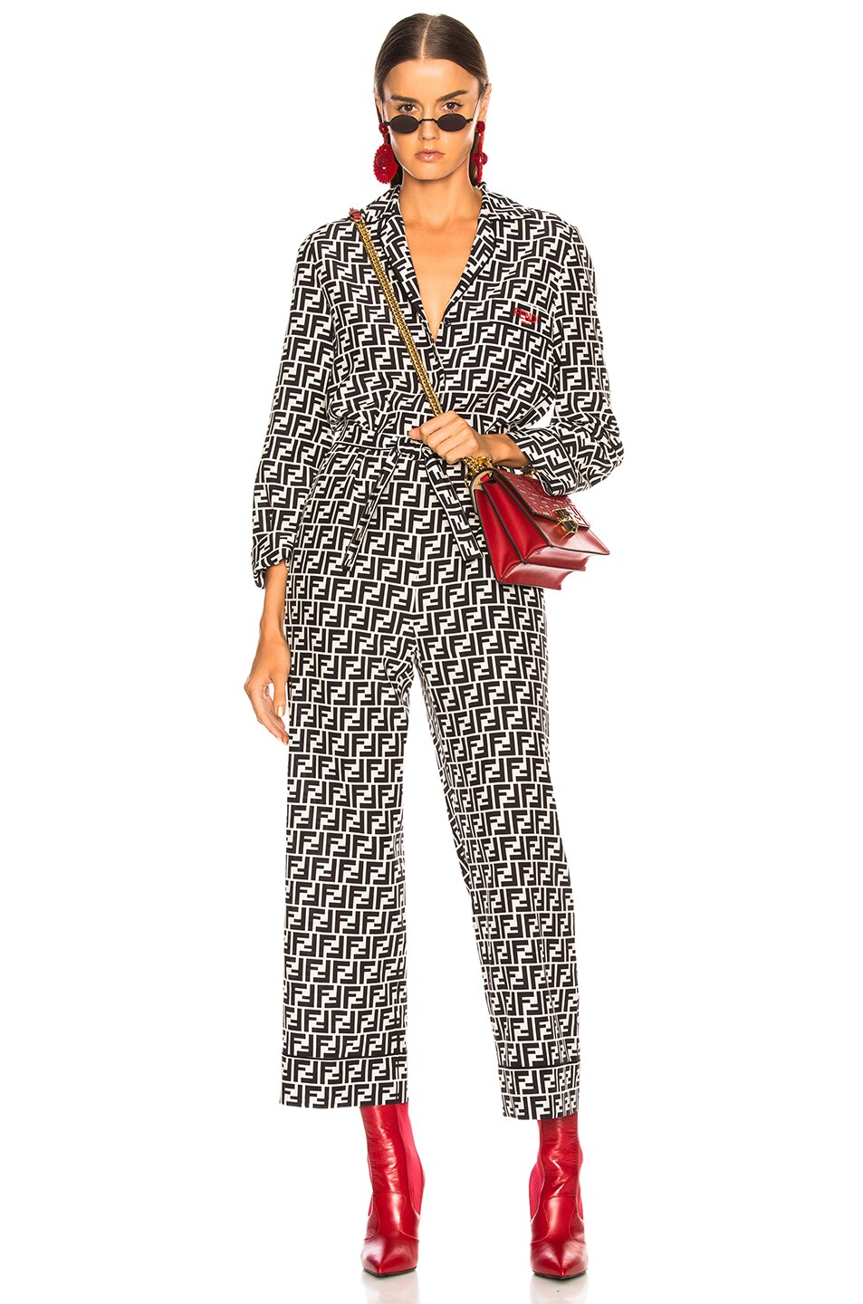 Image 1 of Fendi Logo Print Belted Pajama Jumpsuit in Black & White
