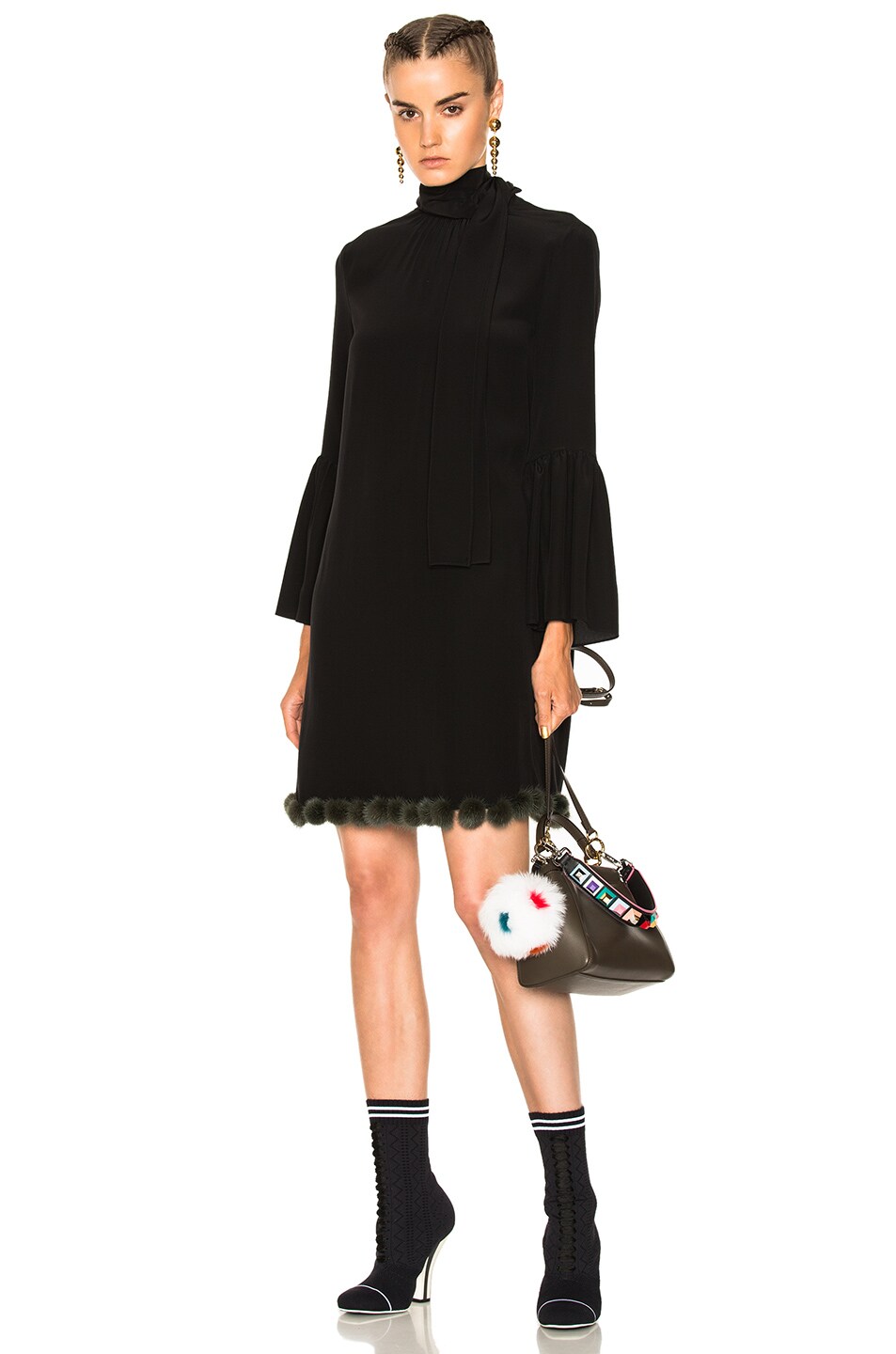 Image 1 of Fendi Pom Pom Trim Long Sleeve Mini Dress in Black