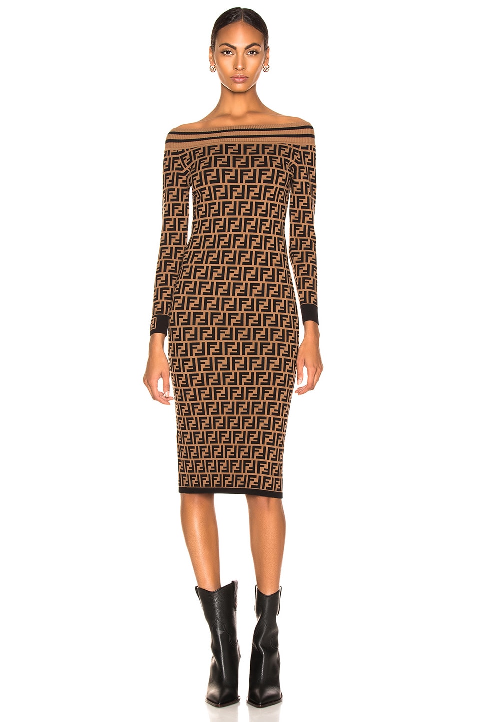 Fendi Logo Print Off Shoulder Sweater Dress in Tobacco & Black | FWRD