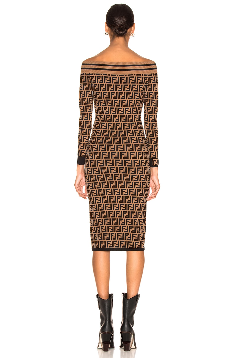 Fendi Logo Print Off Shoulder Sweater Dress in Tobacco & Black | FWRD