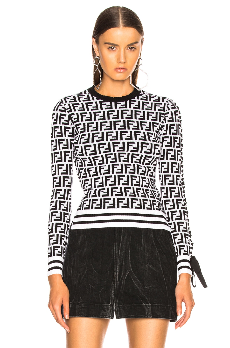 Fendi Logo Print Viscose Sweater in White & Black | FWRD