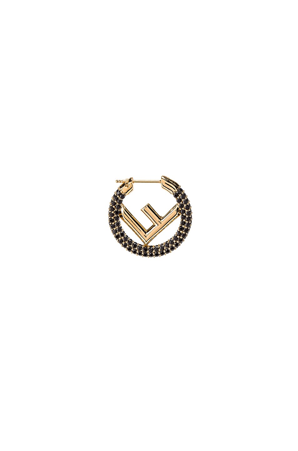Image 1 of Fendi Mini Crystal Logo Hoop Earrings in Black & Gold
