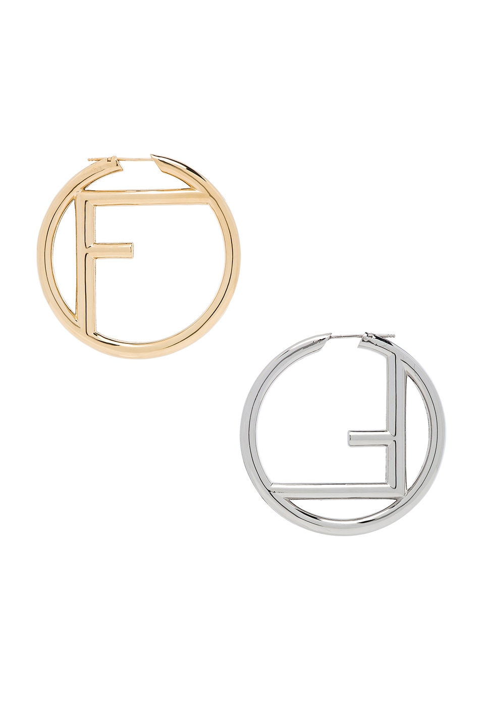 Image 1 of Fendi Logo Hoop Earrings in Soft Gold & Palladium
