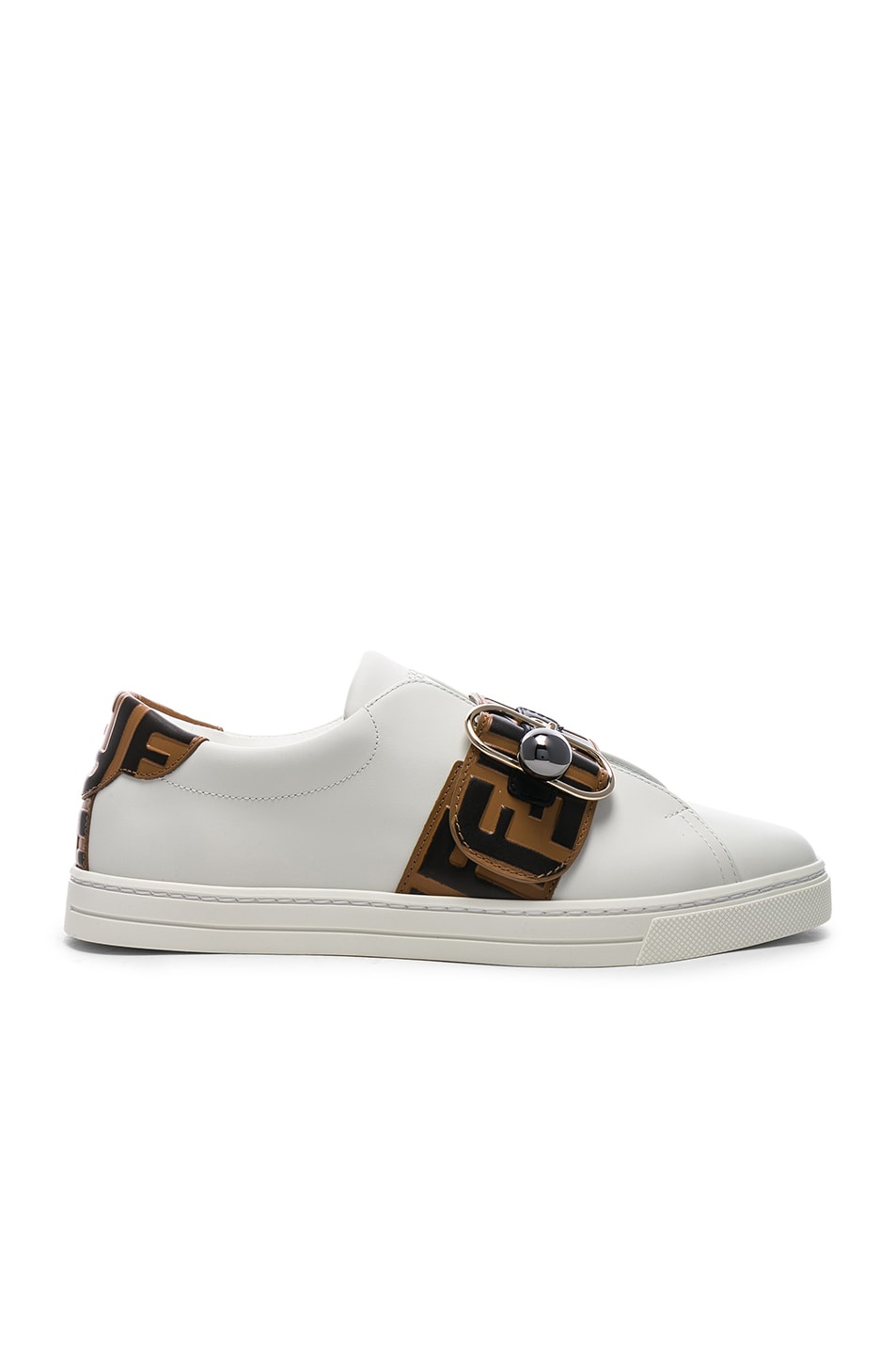 Image 1 of Fendi Logo Print Buckle Strap Sneakers in White, Black & Brown