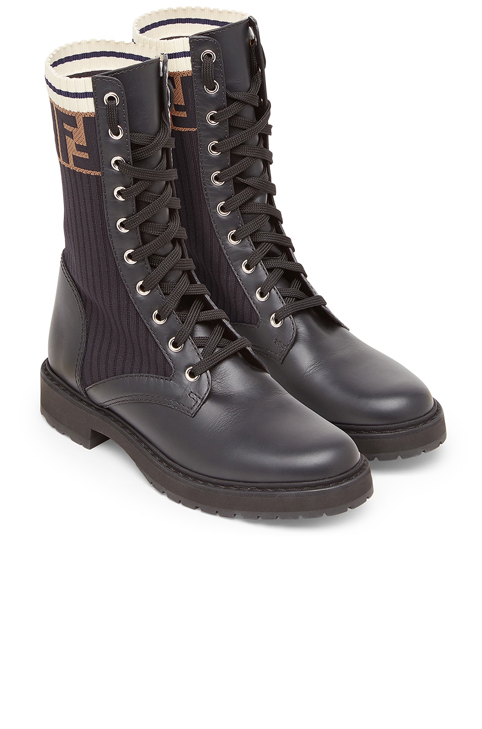 Fendi Leather & Knit Rockoko Hiking Boots in Black | FWRD