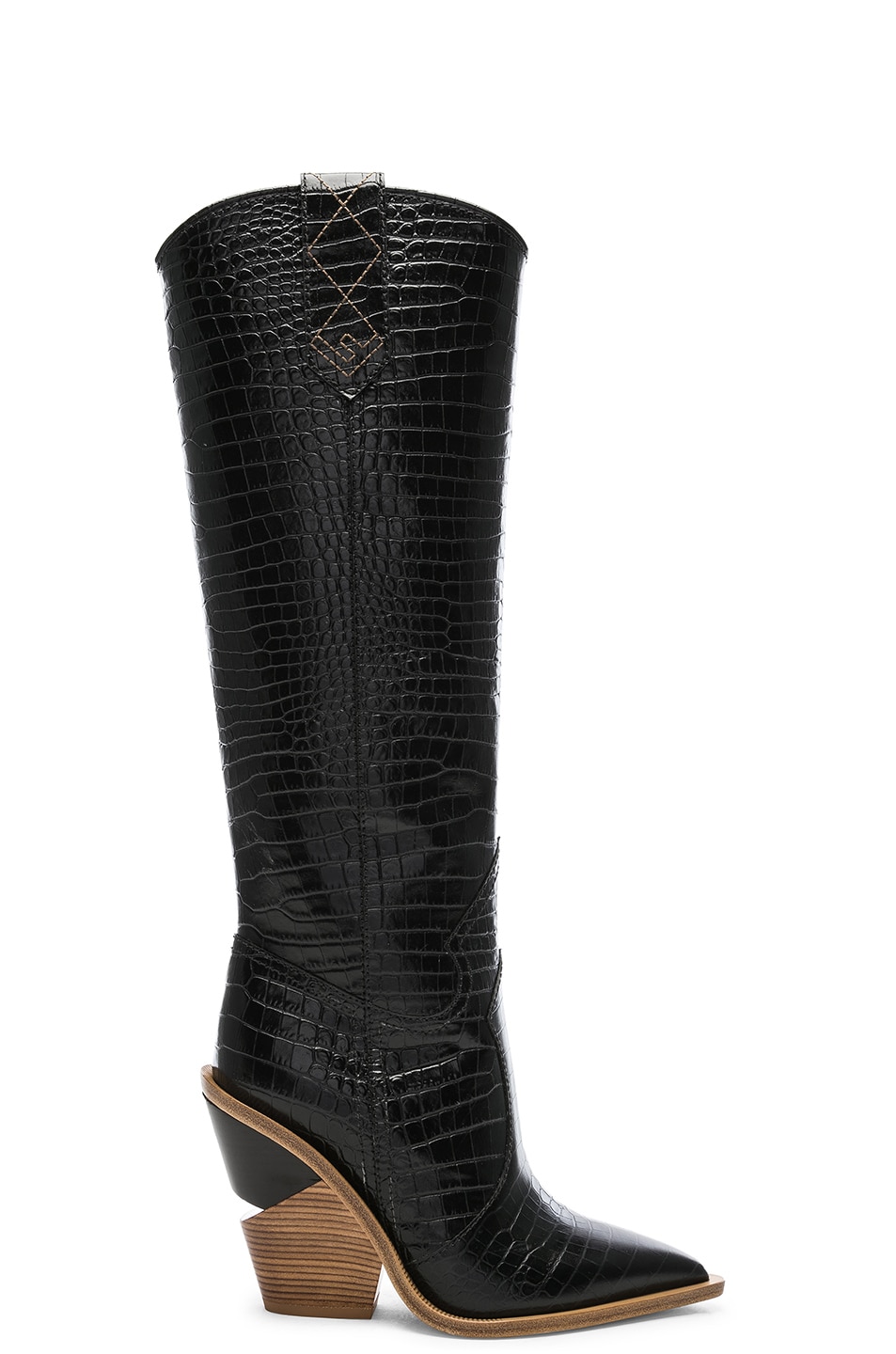 Image 1 of Fendi Cutwalk Croc Embossed Knee High Western Boots in Black
