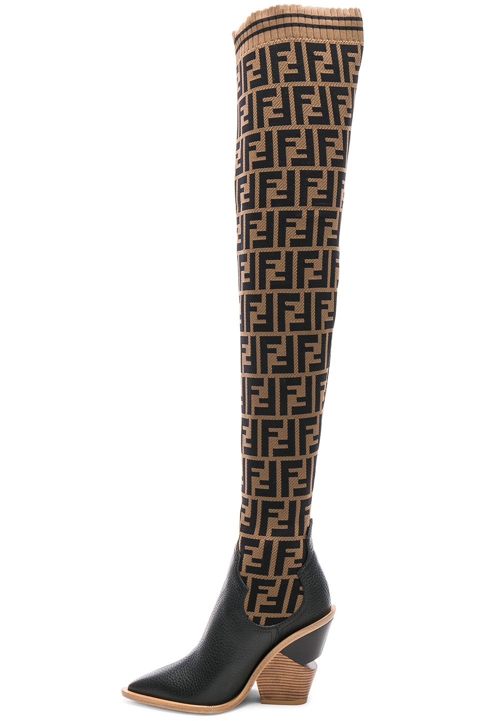 Fendi Logo Print Sock Boots in Tobacco & Black FWRD