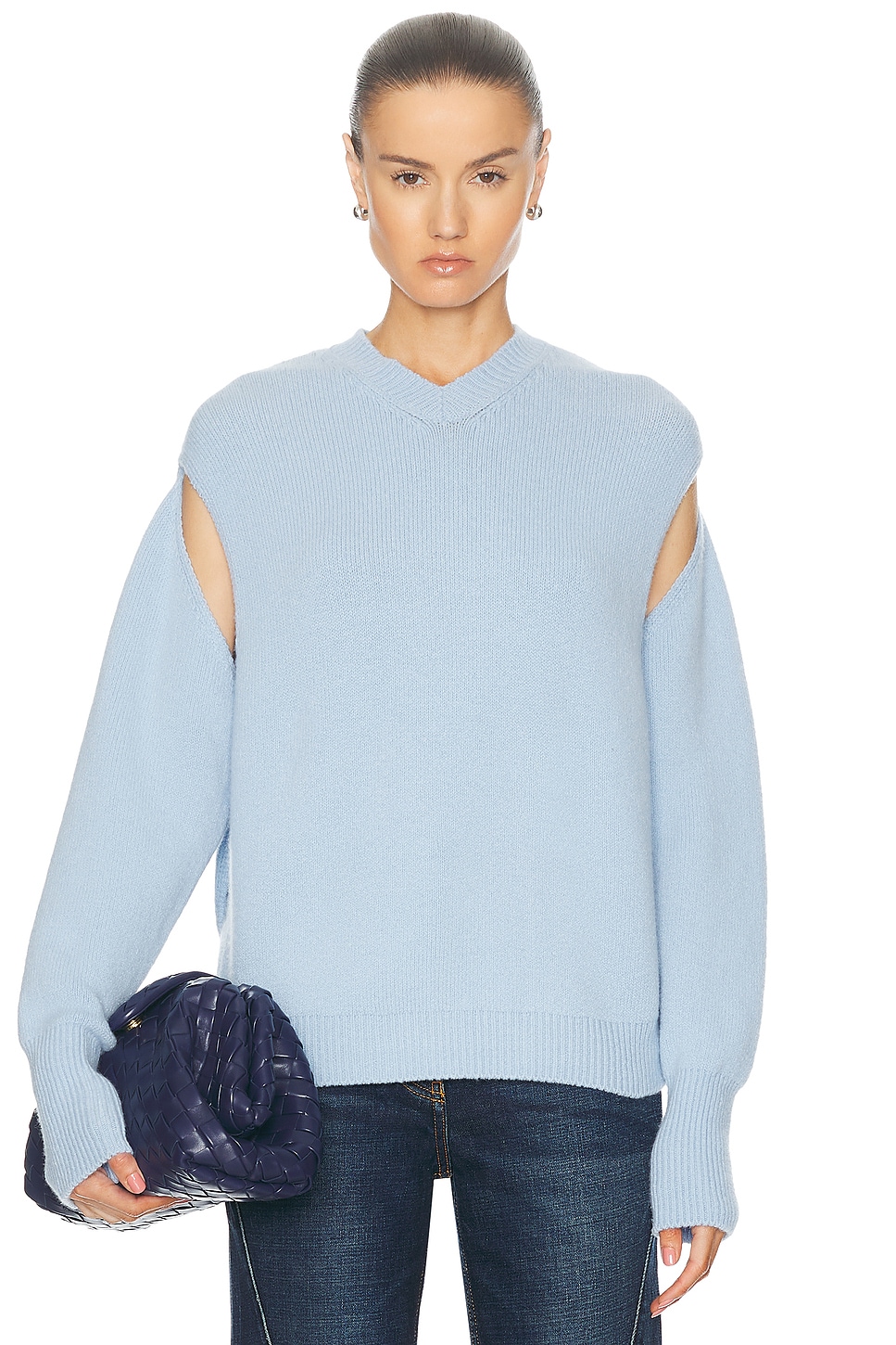 Image 1 of Ferragamo Cutout Sleeve Sweater in Light Blue