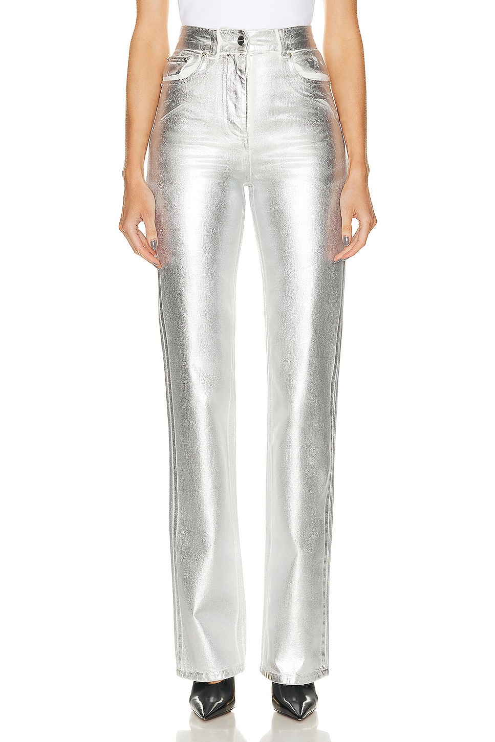 Image 1 of Ferragamo Metallic Slim Straight Pant in White & Silver
