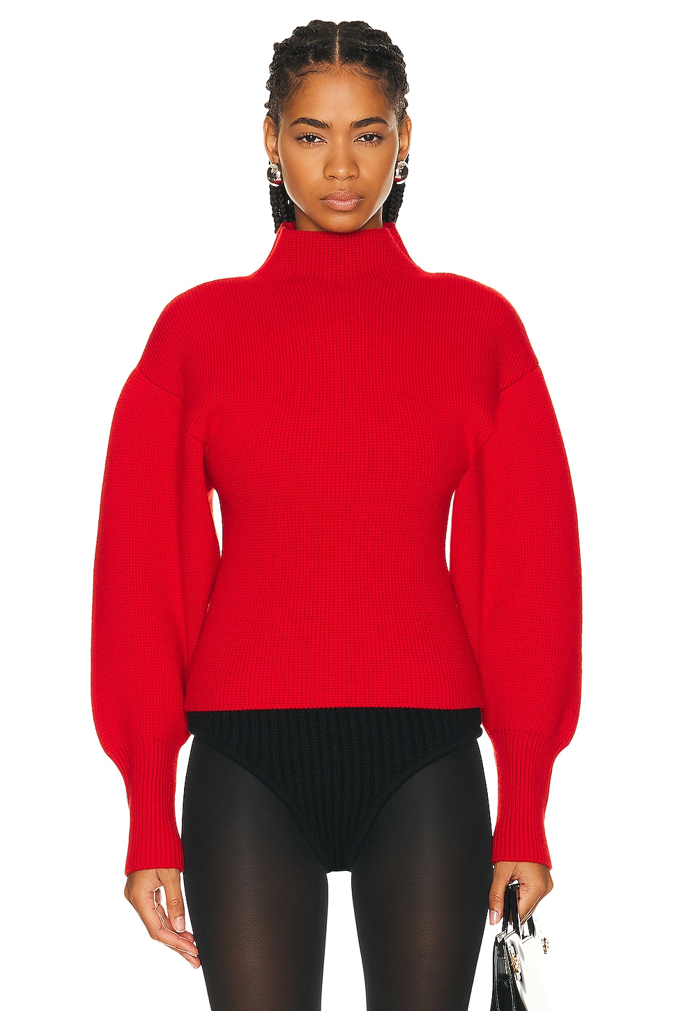 Turtleneck Puff Sleeve Knit Bodysuit in Red