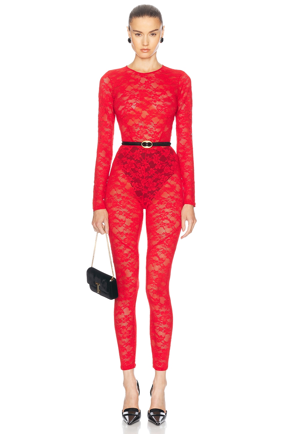 Le Stretch Lace Catsuit in Red