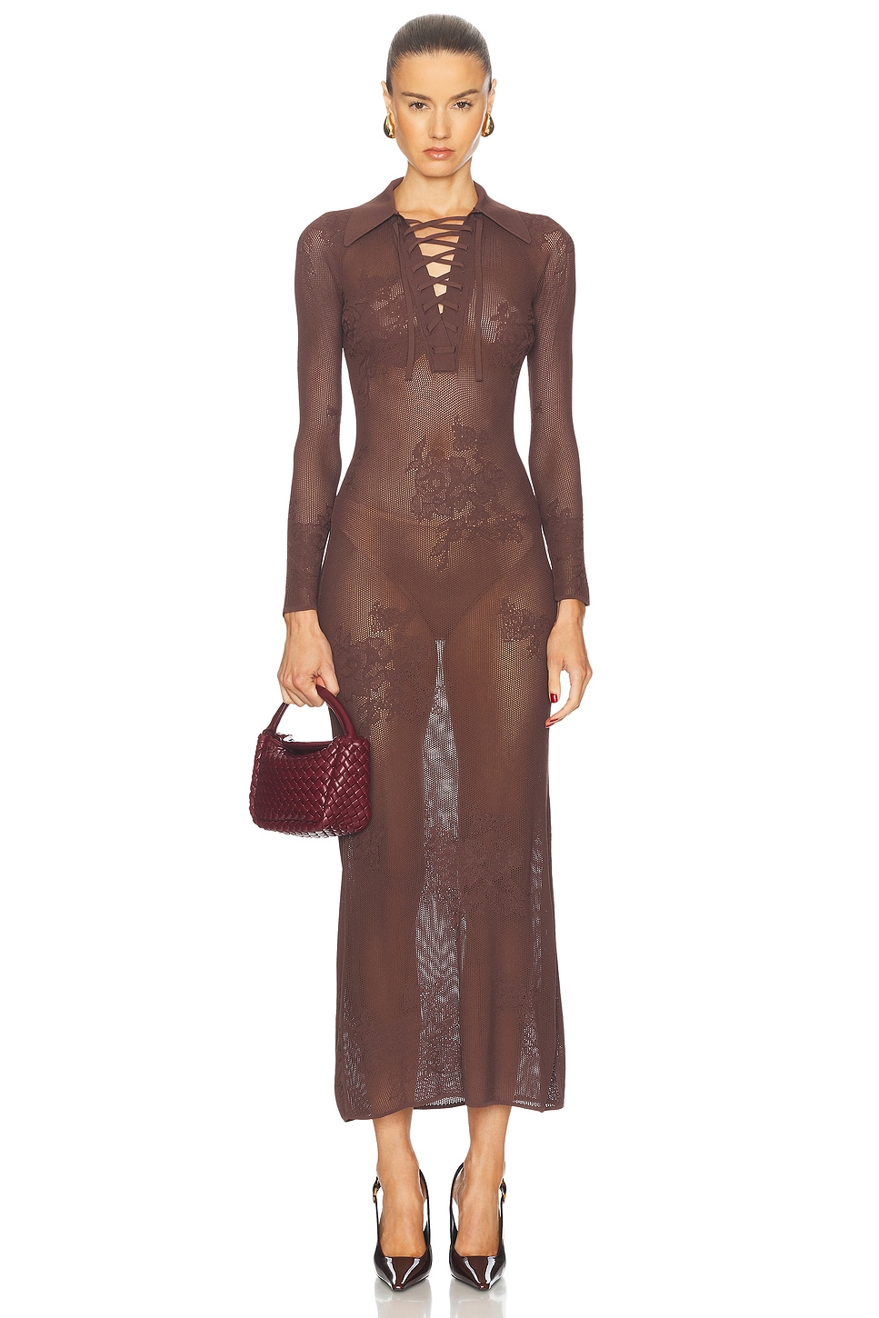 Image 1 of fleur du mal Lace Pointelle Maxi Dress in Cognac