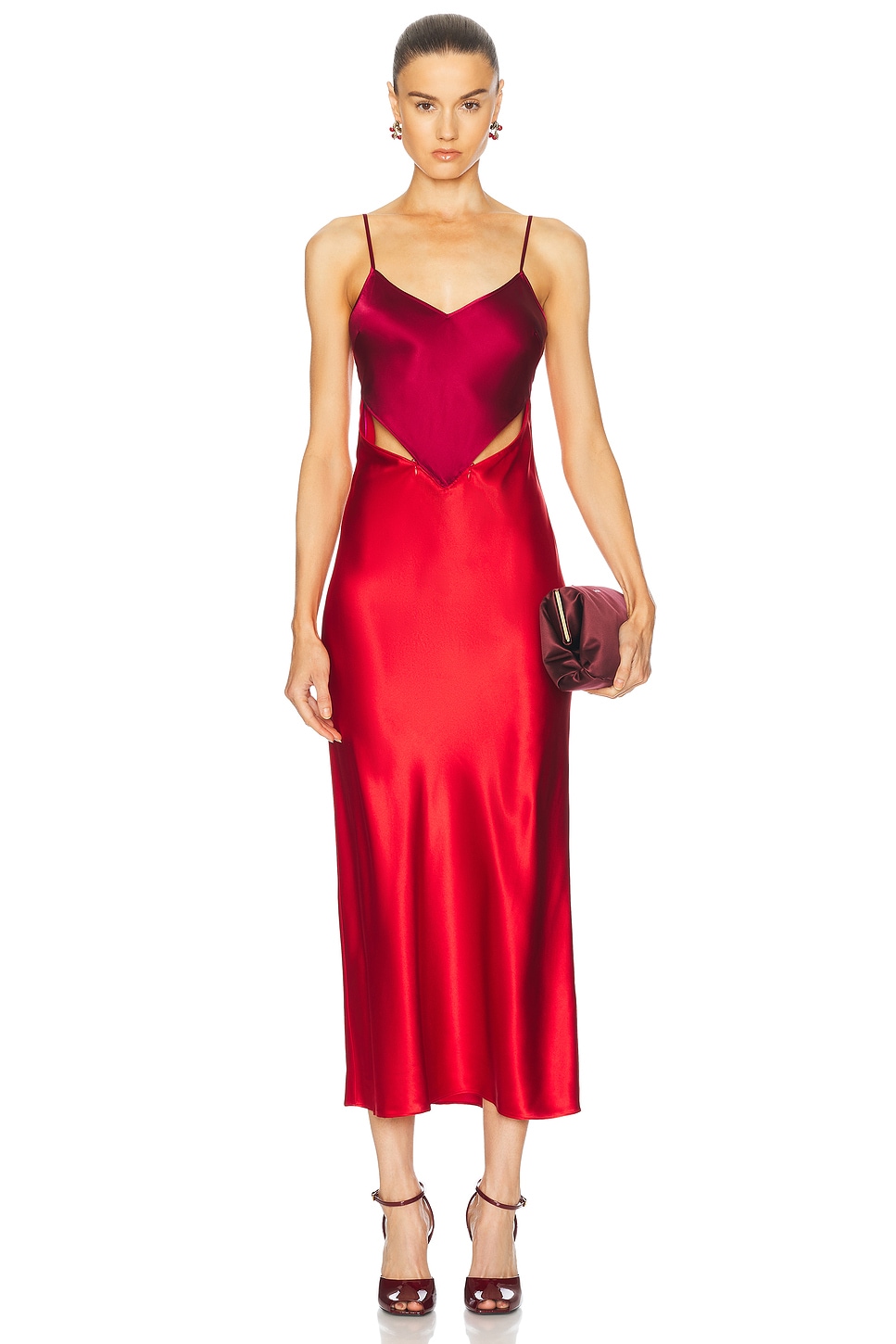 Silk Zipper Maxi Slip Dress in Red