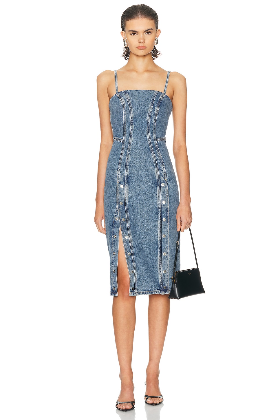 Fleur Du Mal Colored Denim Midi Snap Dress In Blue