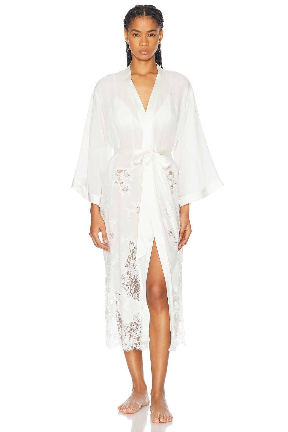 X Galia Lahav Lace Applique Long Silk Robe in Ivory