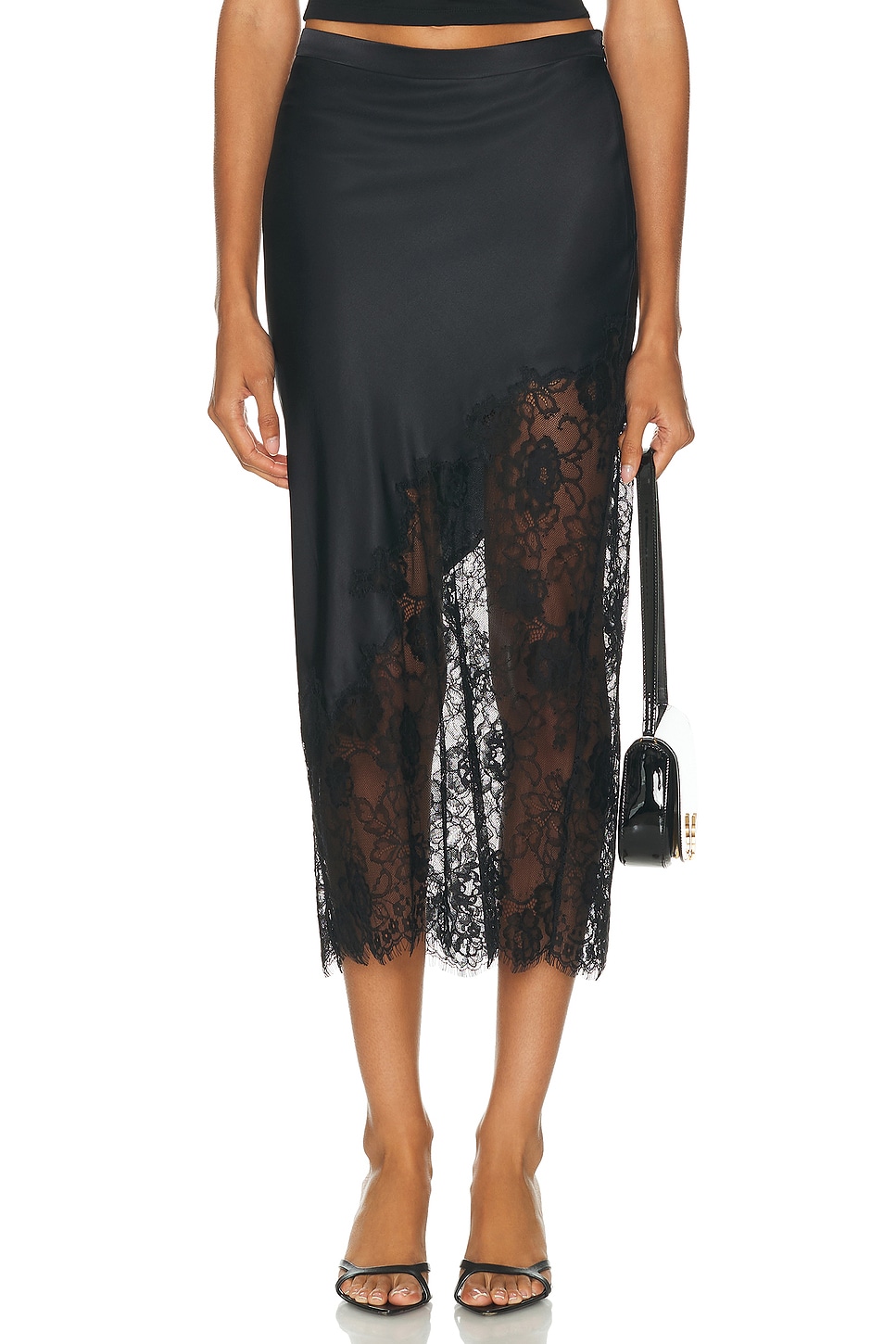 Image 1 of fleur du mal Silk & Lace Scallop Midi Skirt in Black