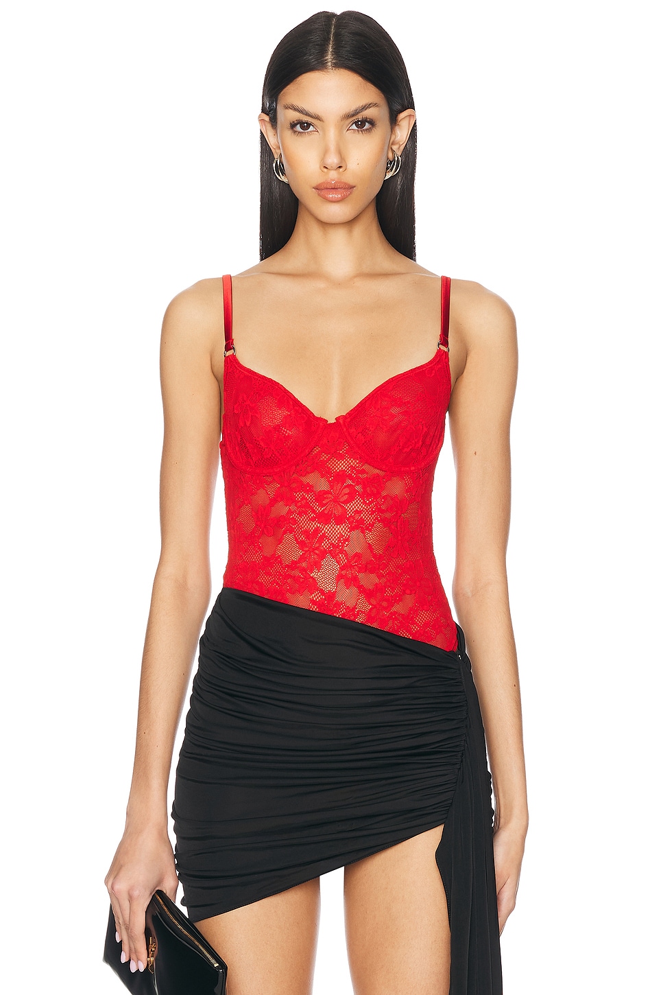 Image 1 of fleur du mal Le Stretch Lace Bodysuit in Rouge