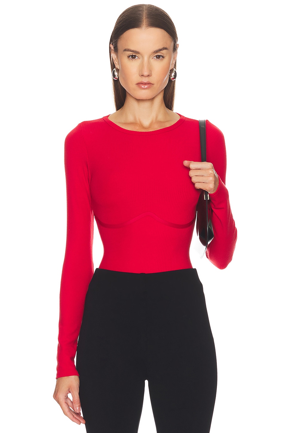 Image 1 of fleur du mal Hourglass Rib Long Sleeve Bodysuit in Rouge